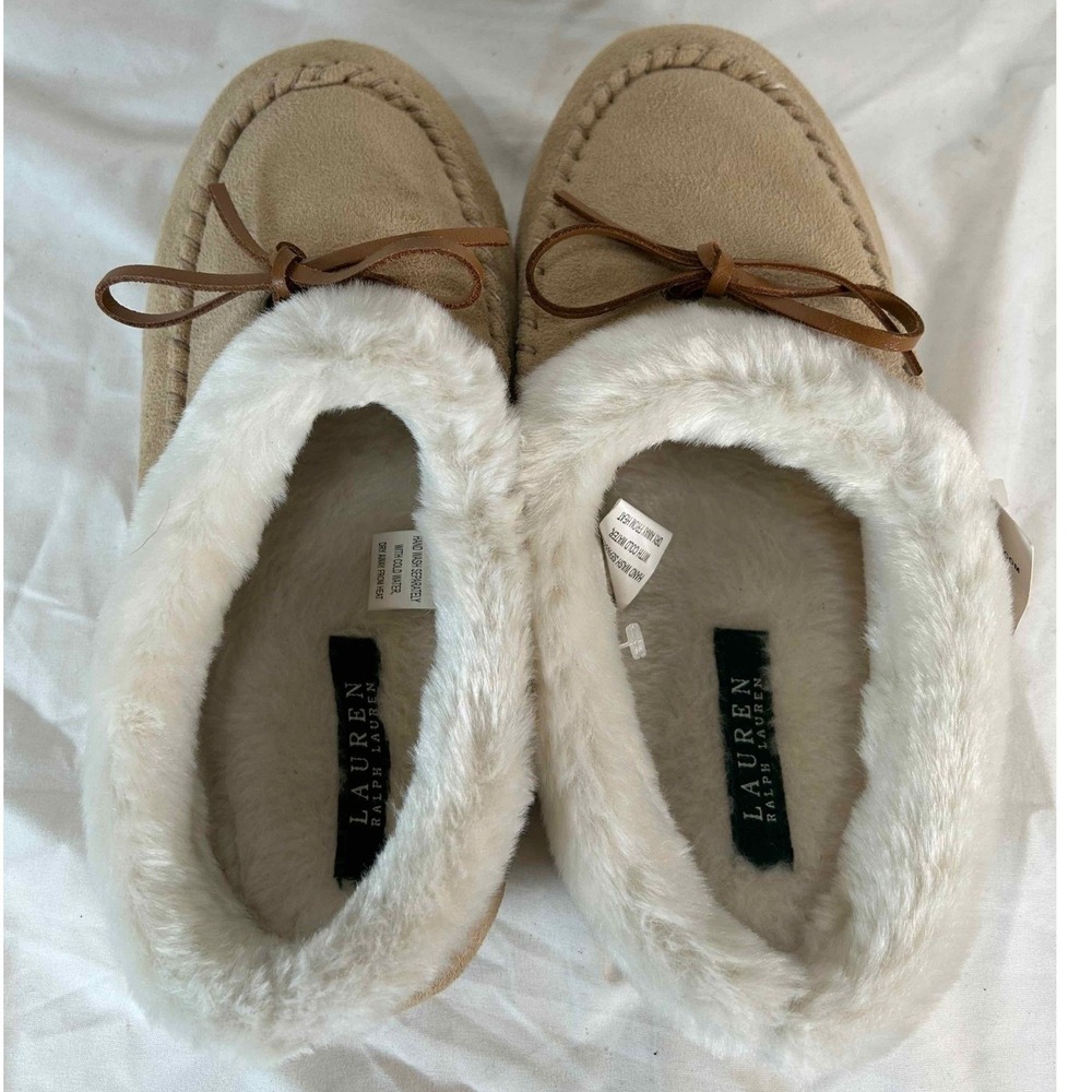 Lauren Ralph Lauren RL121 Wheat Suede Faux Fur Moccasin Slippers Women L 8-9 NEW - Picture 6 of 12